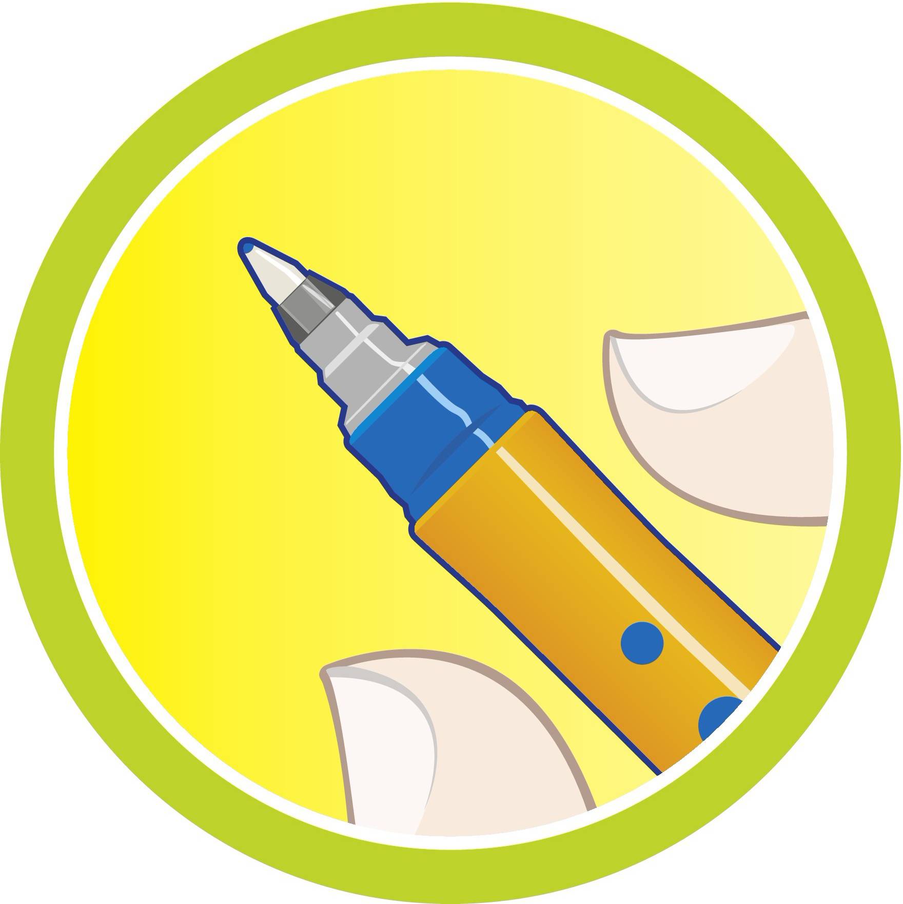 Eine Hand hält einen orange-blauen Stift mit einer silbernen Spitze, umgeben von einem gelben Hintergrund und grünem Rand.