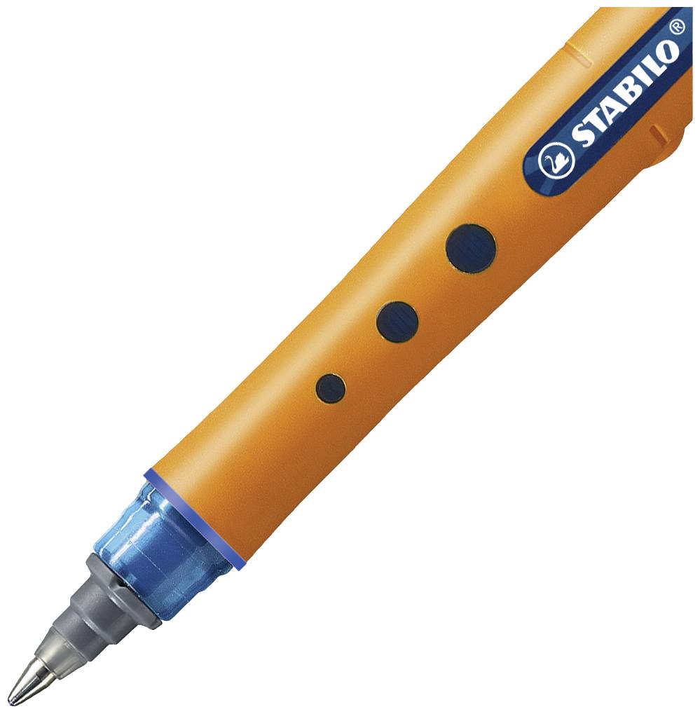 Ein orangefarbener Stift von Stabilo mit ergonomischem Griff und blauer Spitze, speziell für Kinderhände gestaltet.