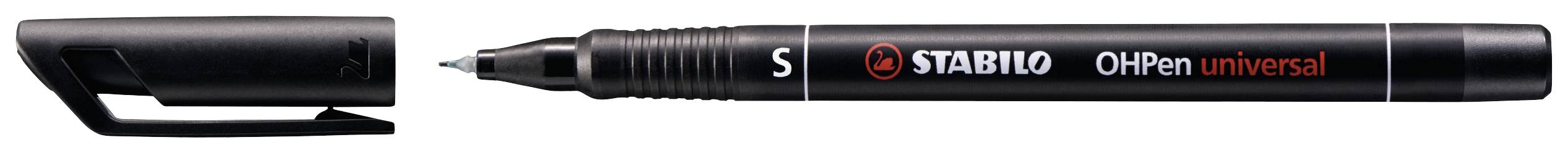 Schwarzer Fineliner mit abnehmbarem Deckel und rotem Logo 'STABILO OHPen universal S'. 