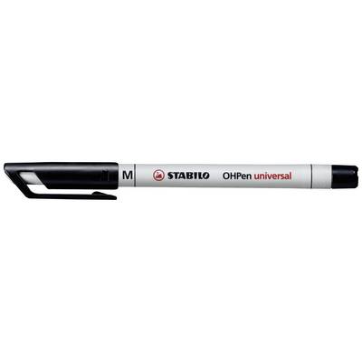 Ein schwarzer Stabilo OhPen Universal-Marker mit abnehmbarer Kappe und mittlerer Spitze, geeignet für verschiedene Oberflächen.