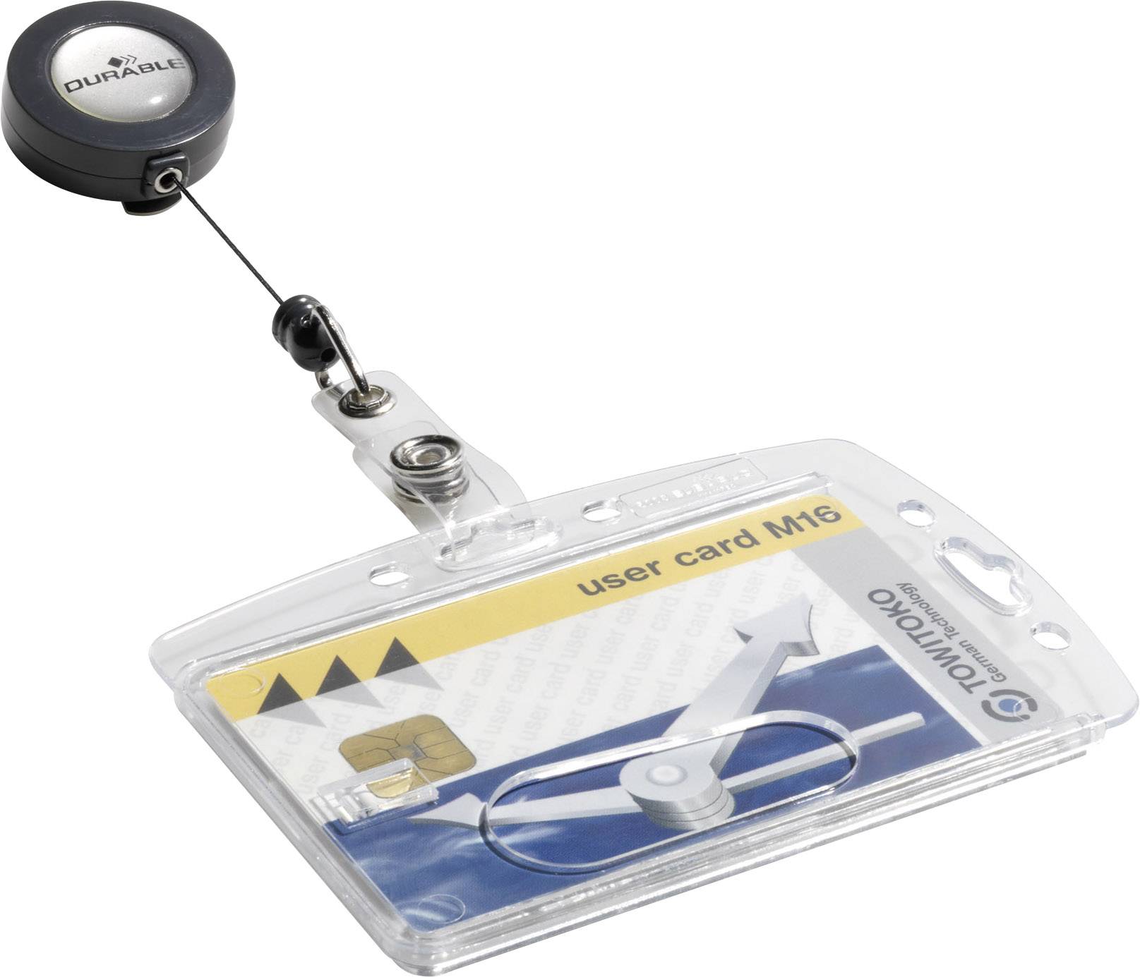 Kartenhalter mit Clip und ausziehbarem Band, hält eine Visitenkarte mit der Aufschrift 'user card M16'.