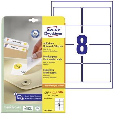 Avery-Zweckform L4745REV-25 Universal-Etiketten 96 x 63.5 mm Papier Weiß 240 St. Wiederablösbar Tintenstrahldrucker, Las