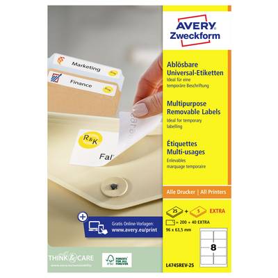 Packung Avery Zweckform Etiketten zum Entfernen für temporäres Etikettieren, zeigt eine Hand, die ein Etikett von einem Ordner abzieht, und die Produktgröße 96 x 63,5 mm.