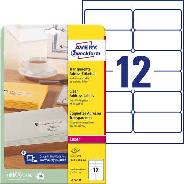 Avery-Zweckform L4772-25 Adress-Etiketten 99.1 x 42.3 mm Polyester-Folie Transparent 300 St. Permanent haftend Laserdrucker, Farblaserdrucker