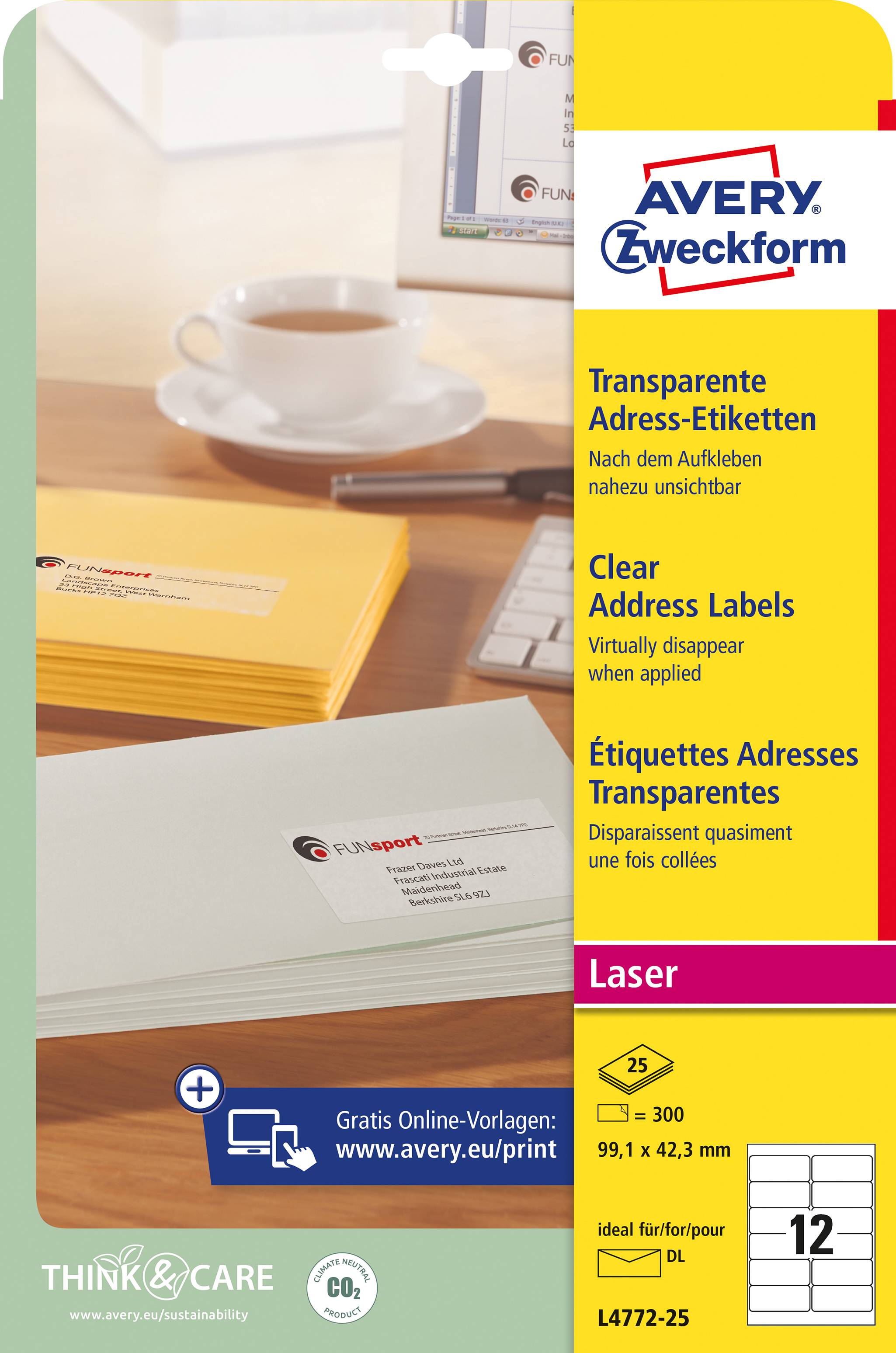 'Verpackung von Avery Zweckform Transparenten Adress-Etiketten, geeignet für den Laserdruck, zeigt mehrere Kuverts mit Etiketten.'