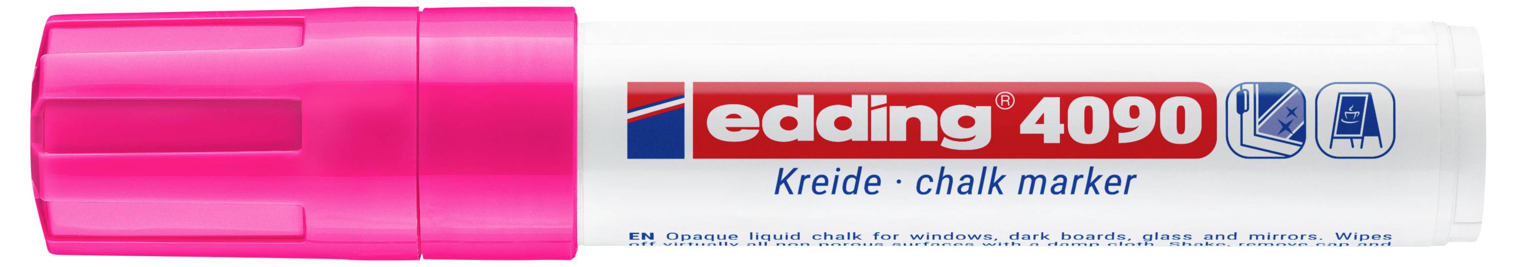 Rosa Kappe Edding 4090 Kreide-Kreidemarker-Verpackung mit dem Markennamen und Markenetikett auf einer weißen Schachtel.