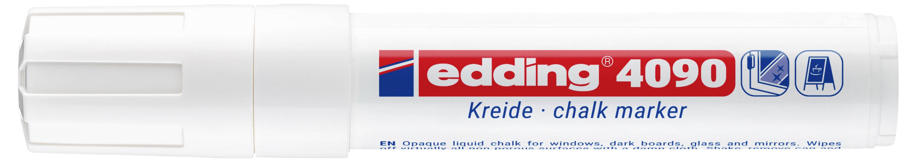 Weißer Edding 4090 Kreidemarker mit rotem Logo und blauem Verschlussdeckel, horizontal auf weißem Hintergrund dargestellt.
