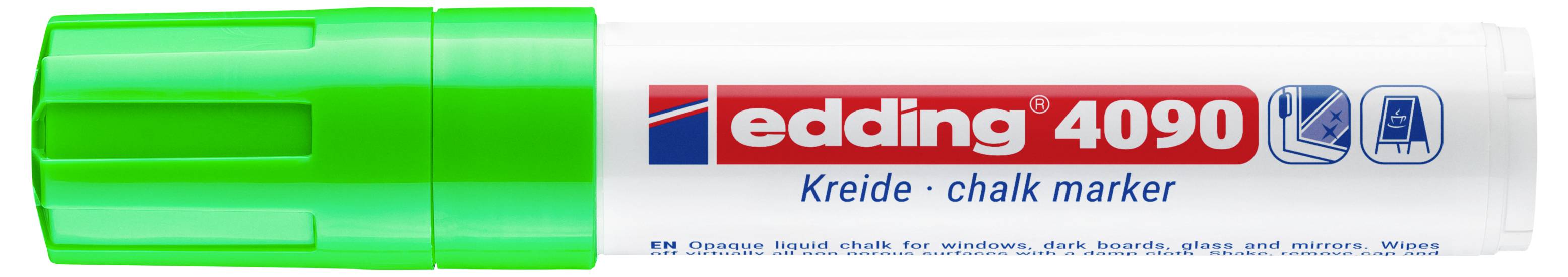 Grüne Kappe und weißer Edding 4090 Kreide-Marker mit rotem Logo und blauen Symbolen, gezeigt in der Produktverpackung.