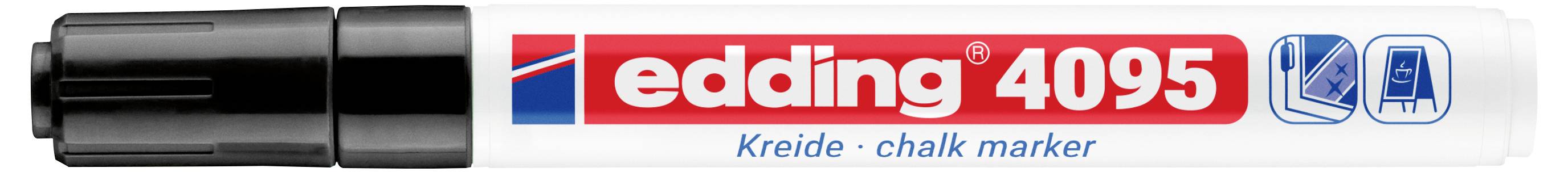 Edding 4095 weißer Kreidemarker mit schwarzer Kappe und rot-weißem Etikett, horizontal auf weißem Hintergrund dargestellt.