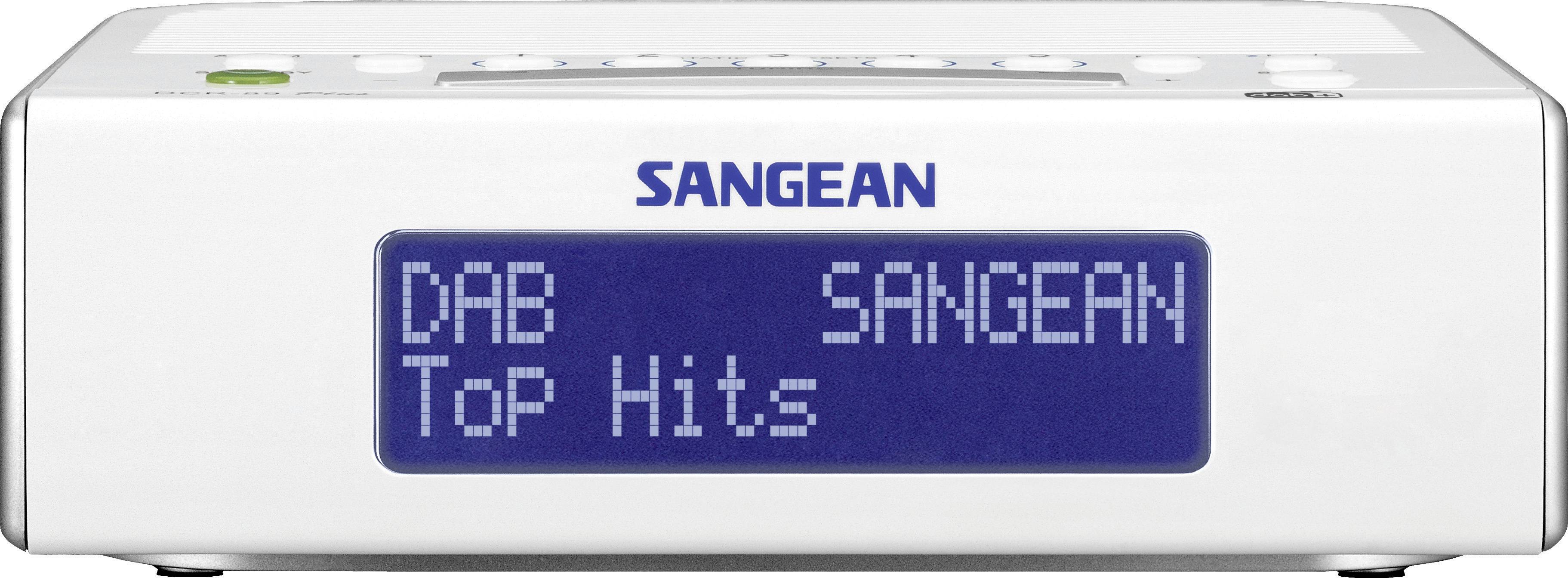 Weißes digitales Radio mit blauem Display, das 'DAB', 'Top Hits' und 'Sangean' anzeigt.