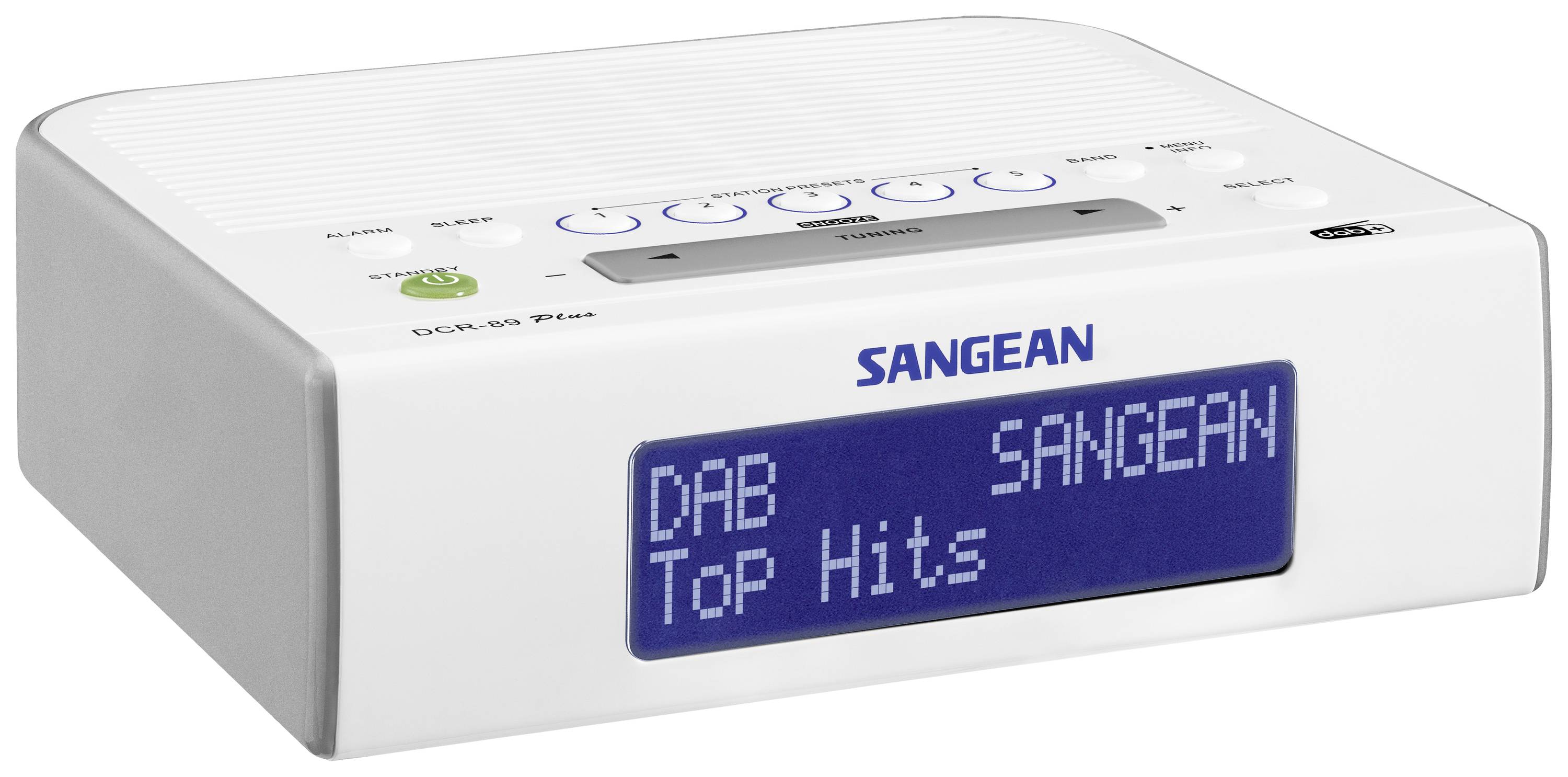 Ein weißes DAB-Radio der Marke Sangean zeigt auf dem Display 'DAB Top Hits' an. Oben sind Steuerknöpfe sichtbar.