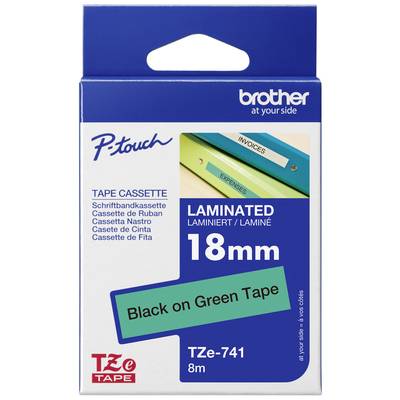 'Brother P-touch' 18mm Schriftbandkassette, laminiert, Schwarz auf Grün, 8m Länge. Verpackung zeigt Anwendungsbeispiele auf Ordnern.