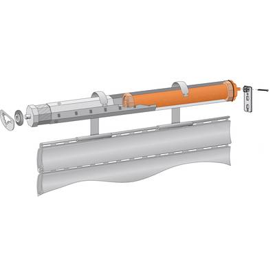 Diagramm einer elektrischen Rollladenantriebseinheit. Zeigt Motor, Befestigungsschienen und Verbindungselemente.