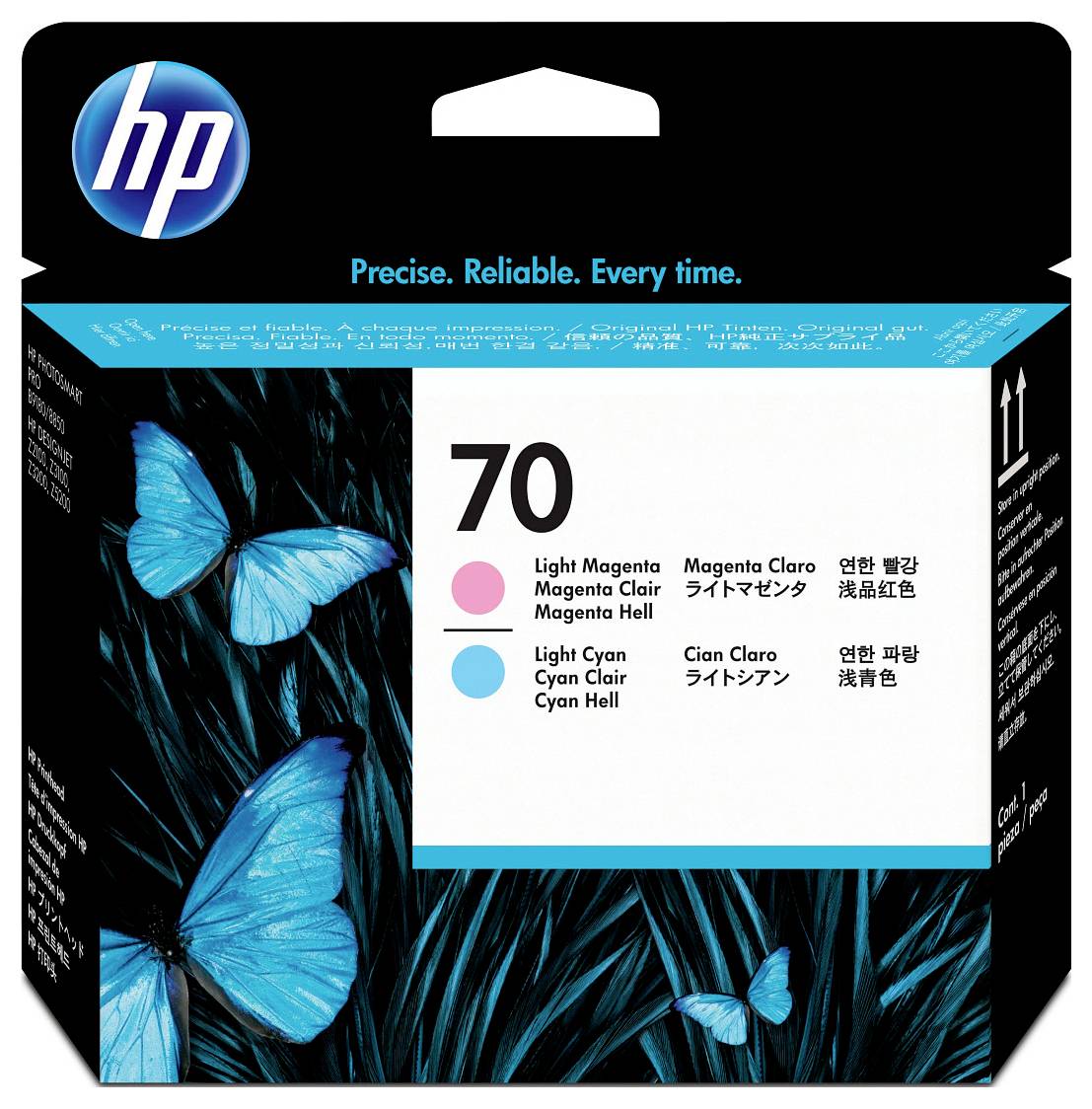 HP-Tintenpatronbox mit der Bezeichnung „70" für Hellmagenta und Hellcyan, mit blauen Schmetterlingen und dem Slogan „Präzise. Zuverlässig. Jedes Mal."
