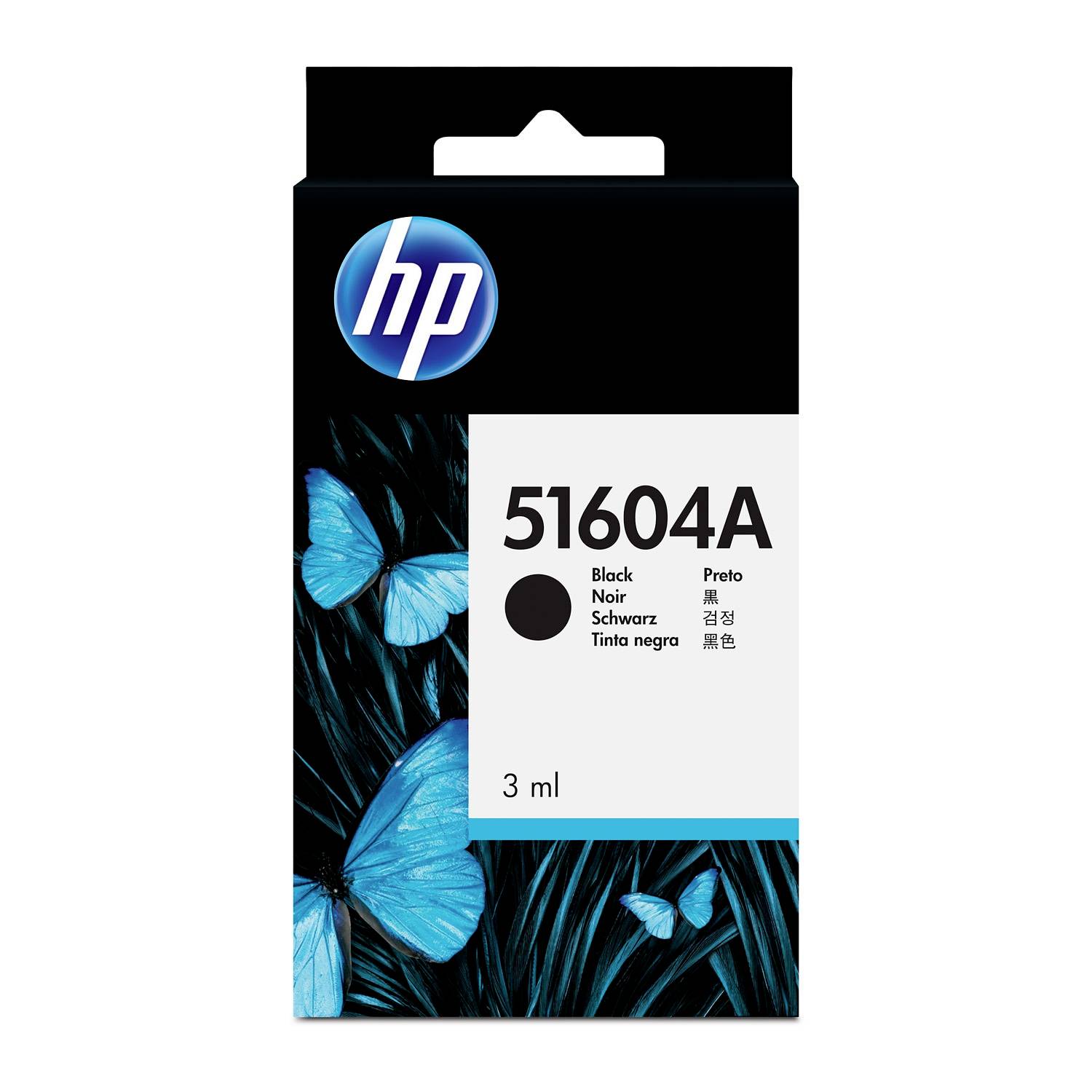 HP 51604A Tintenpatrone in Schwarz, Schachtel, 3 ml, mit blauer Schmetterlingsgrafik und HP-Logo.
