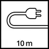 Schwarz-weiße Illustration eines Stromkabels mit Stecker und der Beschriftung '10 m', die die Kabellänge angibt.