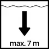 'Max. 7 m' Schild, zeigt maximale Tauchtiefe mit Pfeil nach unten.