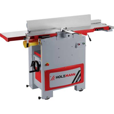 Eine rot-graue Holzmann Hobelmaschine mit mehreren Hebeln und Knöpfen. Sie dient zum Glätten von Holzoberflächen in der Holzbearbeitung.