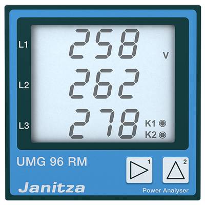 LCD-Display eines Janitza UMG 96 RM Stromanalysators zeigt Spannungen: L1 250V, L2 262V, L3 278V. Unten Knöpfe '1' und '2' sichtbar.