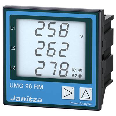 'UMG 96 RM' Leistungsmesser mit digitalem Display zeigt Messwerte: L1 258V, L2 262V, L3 278V. Zwei Funktionstasten unten.