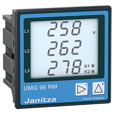 Ein Digitaldisplay zeigt Spannungswerte: L1 258 V, L2 262 V, L3 278 V an, darunter steht 'Janitza UMG 96 RM Power Analyser'.
