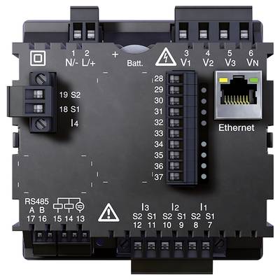 Elektrischer Schaltkasten mit Ethernet-Anschluss und verschiedenen Anschlussklemmen, beschriftet mit Symbolen für Spannung und Stromkreise.