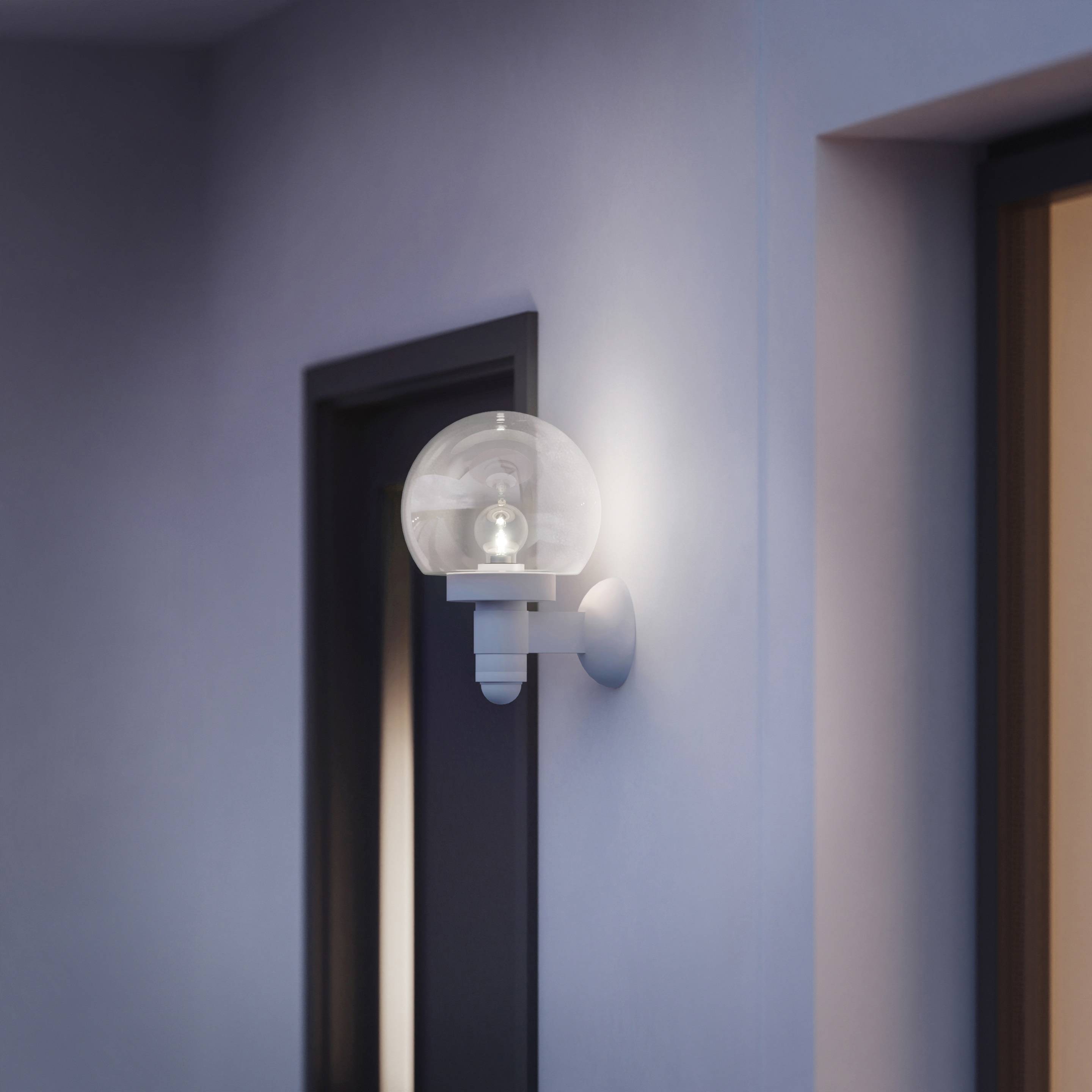 Eine moderne Wandlampe mit transparentem Glas und Glühbirne beleuchtet einen Flur mit dunkel lackierten Türen.