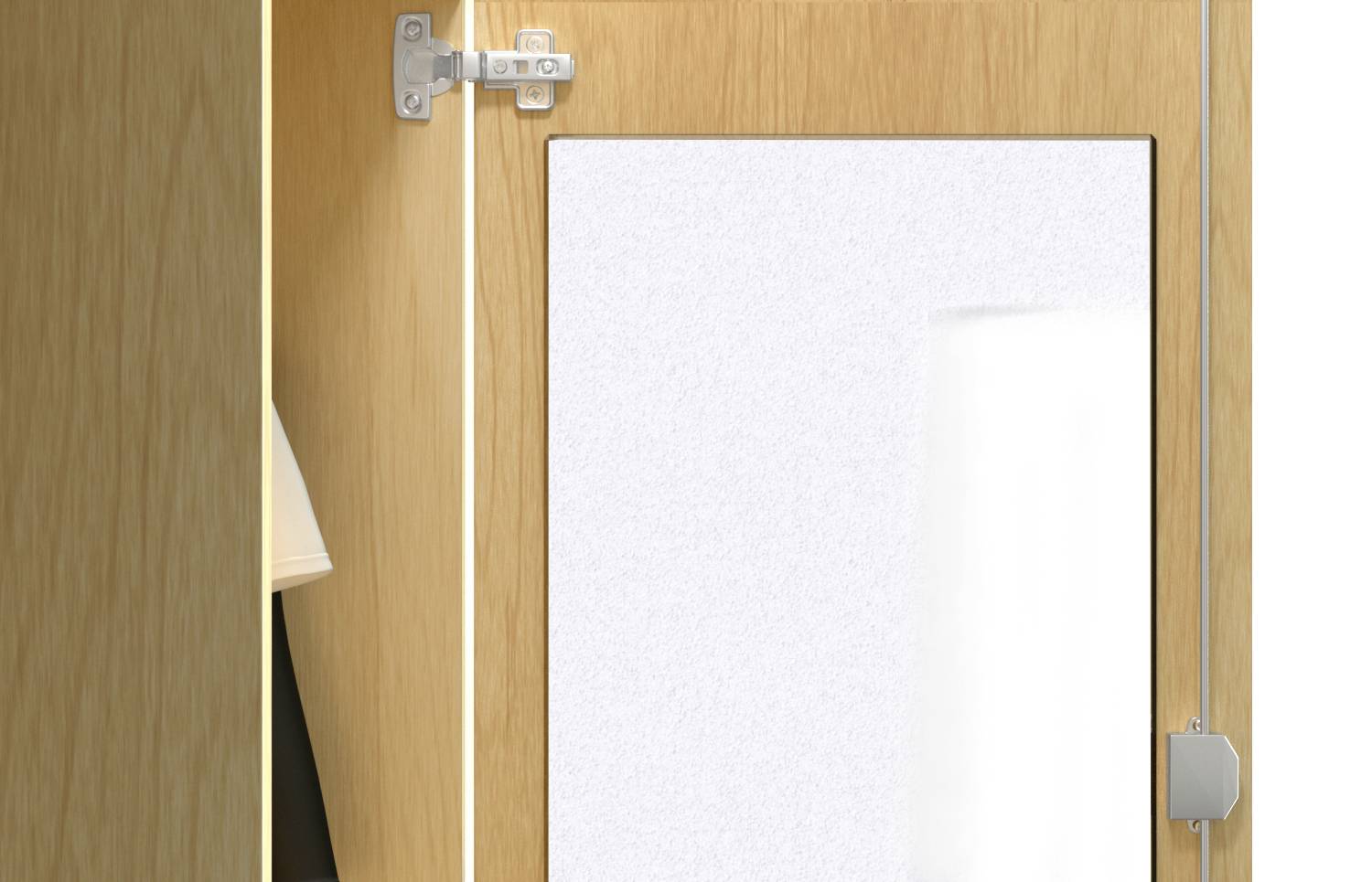Ein offener Holzküchenschrank mit sichtbarem Scharnier. Im Inneren ist ein weißer Gegenstand wie eine Rolle oder ein Behälter zu sehen.