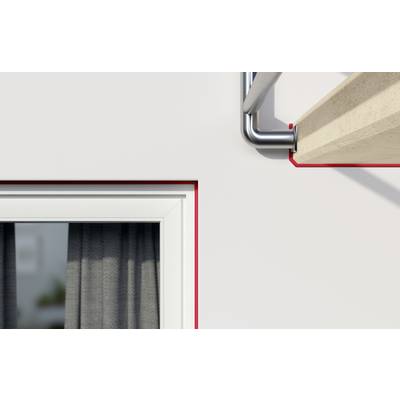 Ein weißes Gebäude mit einem Fenster links und einem Metallgeländer rechts. Fugen sind mit roter Linie hervorgehoben.