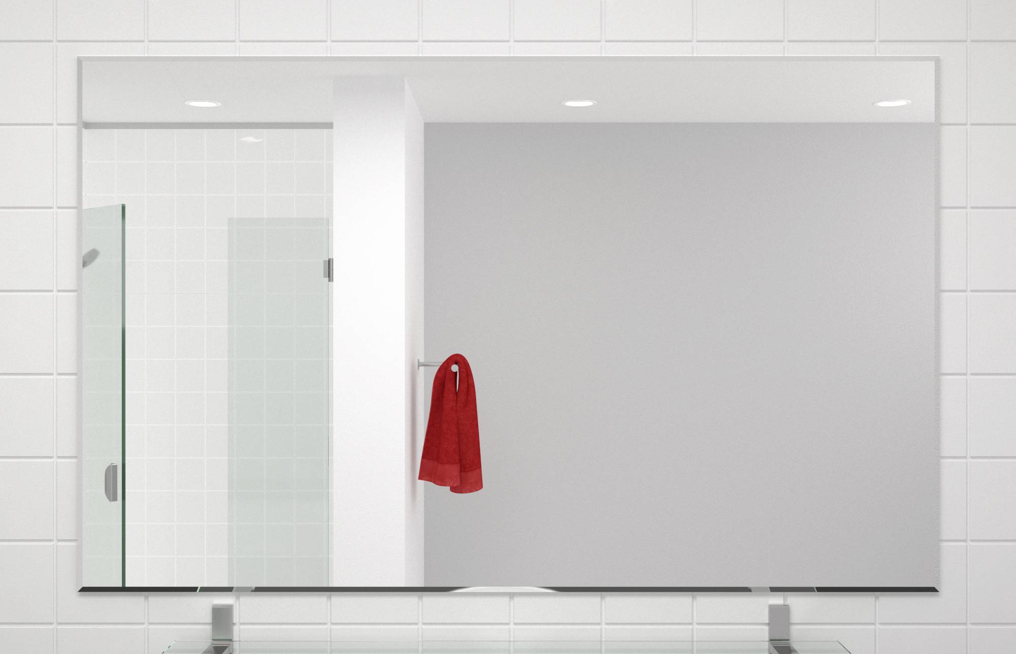 Ein Badezimmer mit modernen weißen Fliesen, einem großen Spiegel und einem roten Handtuch an der Wand.