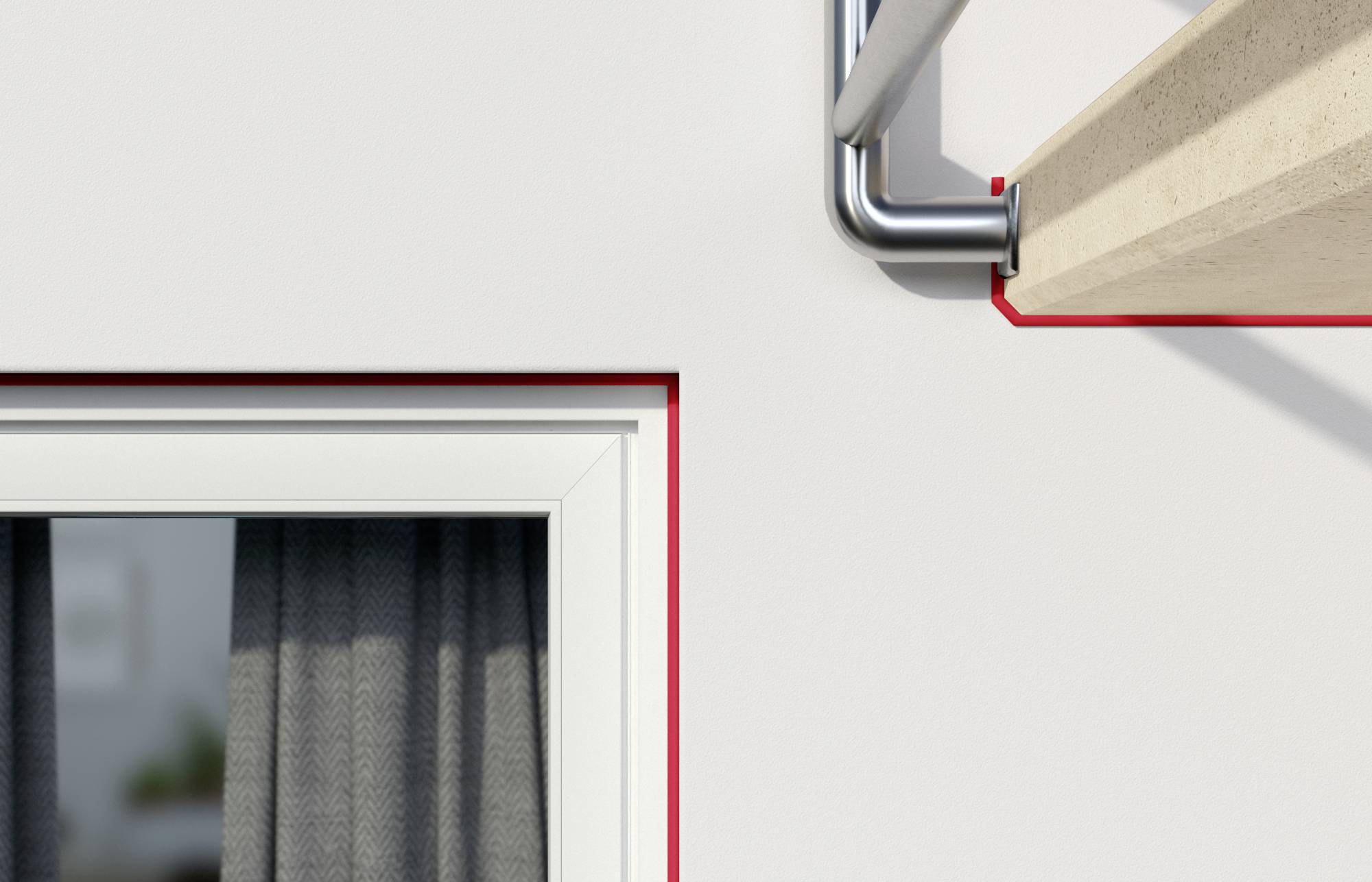 Fenster mit Vorhang im Hintergrund und einem modernen Geländer aus Metall. Klare Linien und geometrische Formen dominieren die Szene.