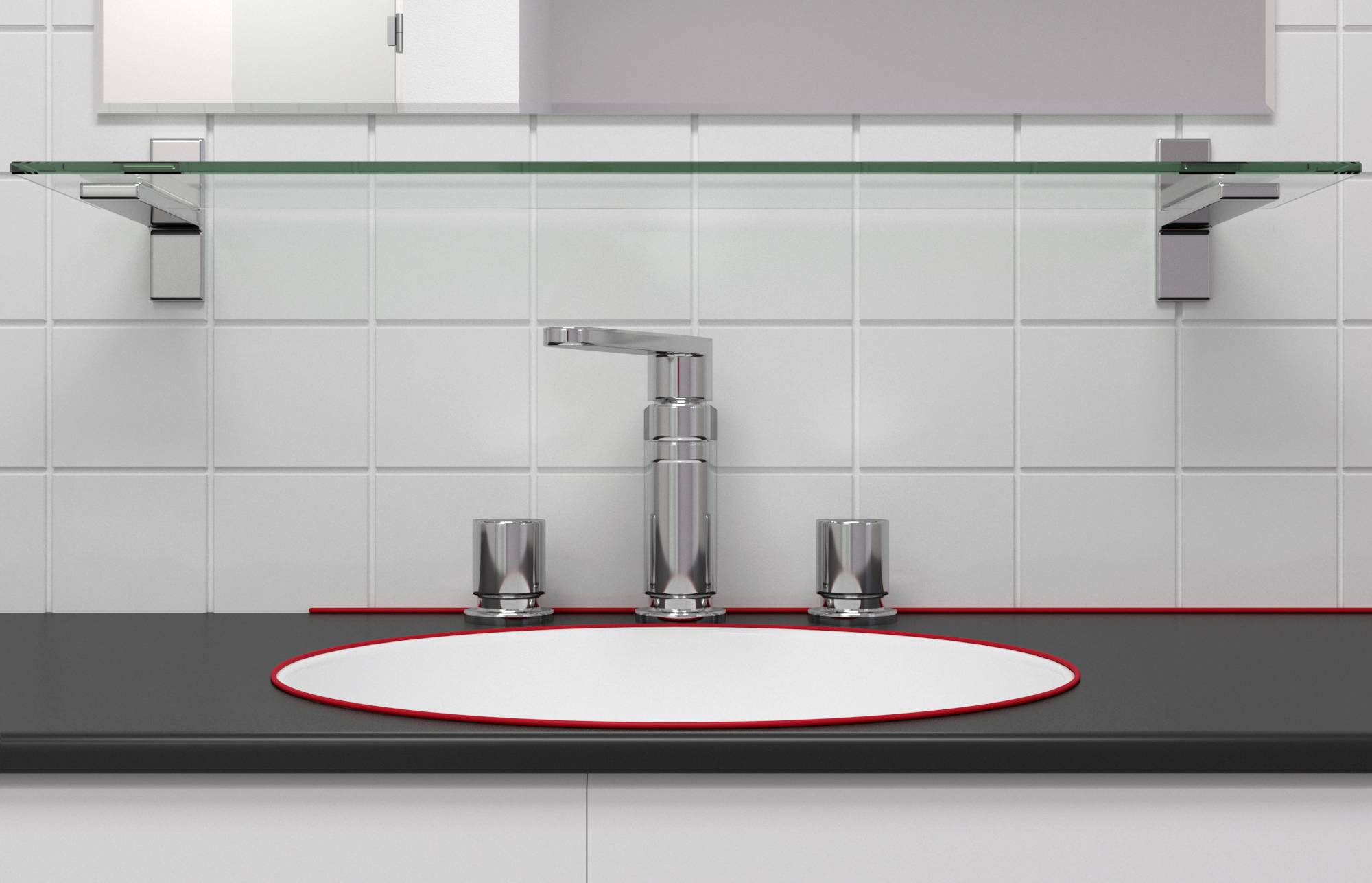 Ein modernes Badezimmer-Waschbecken mit Chrom-Armatur, flankiert von zwei Drehknöpfen, vor weißen Fliesen und einem Glasregal.
