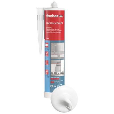Fischer Sanitär Pro SI Silikon-Dichtstoff Tube, 310 ml, gezeigt mit Applikator-Düse und Kappe.