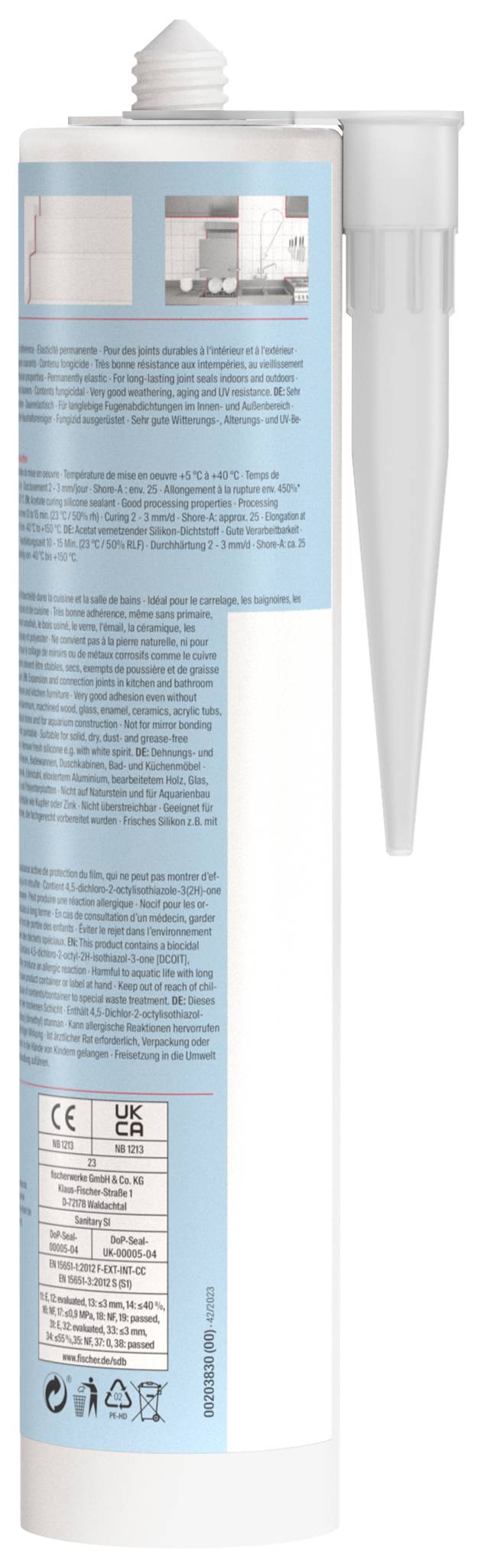 Lange weiße Klebstoffpatrone mit spitzer Düse und blauem Produktetikett, Vorderansicht auf weißem Hintergrund dargestellt.