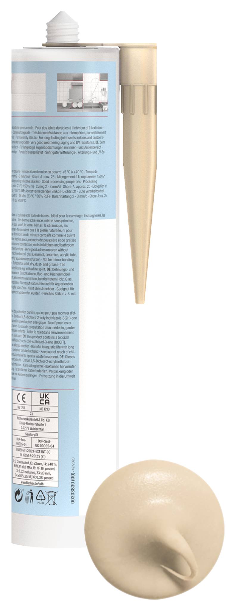 Blau-beige Kosmetiktuben mit spitzem Applikator und passendem rundem Tupfer-Kopf, auf weißem Hintergrund dargestellt.