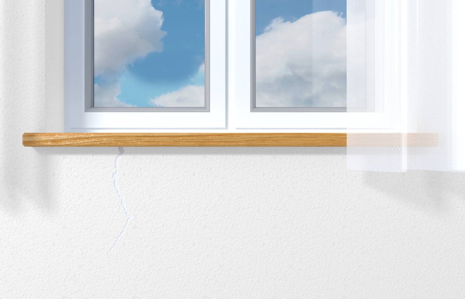 Ein Fenster mit Blick auf einen blauen Himmel mit Wolken. Eine leichte Rissbildung ist unterhalb der Fensterbank an der Wand sichtbar.