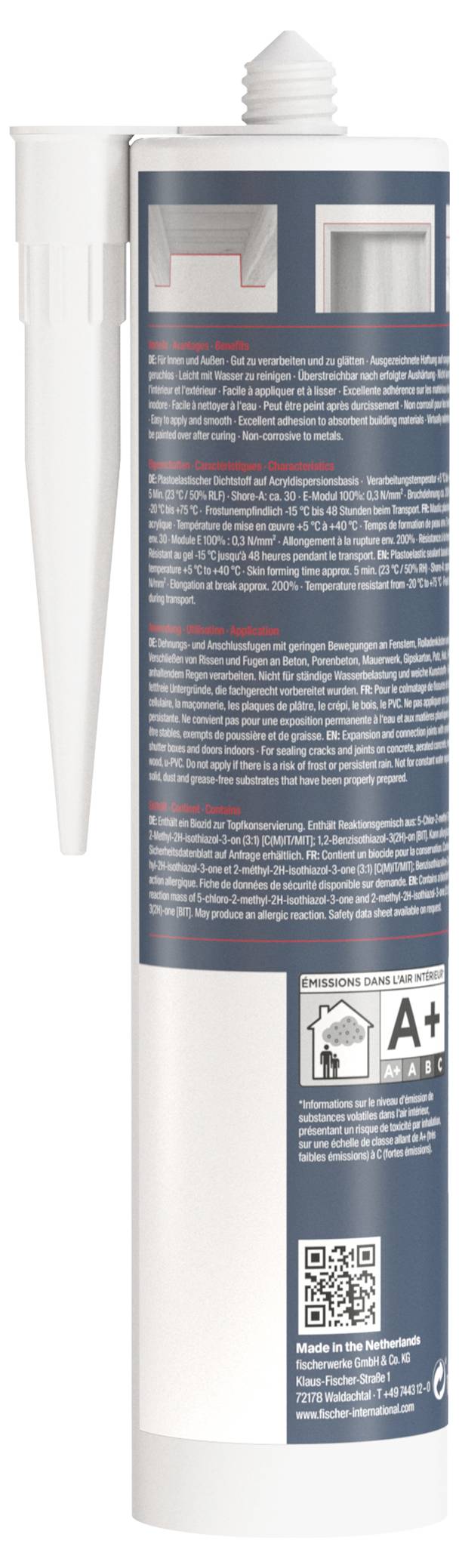 Kartusche mit grauem Etikett, führt Dichtmittel auf, zeigt A+ Umweltlabel, QR-Code, und Hinweistexte.