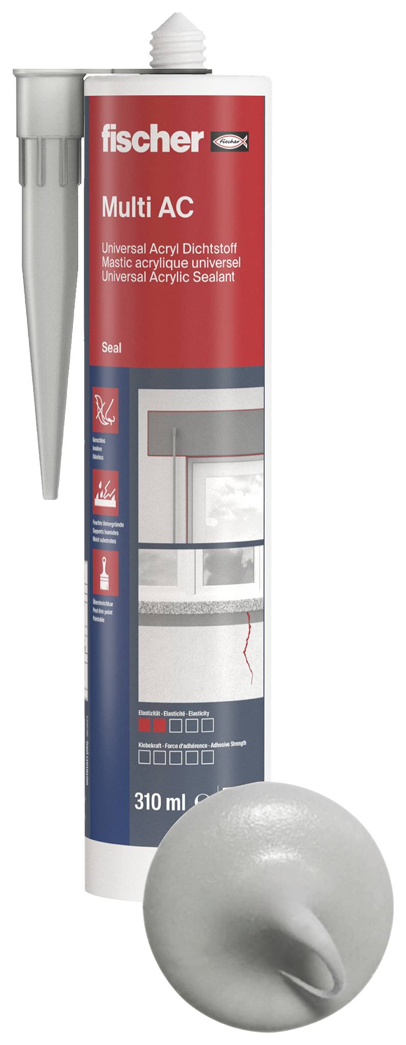 Tube mit Fischer Multi AC universal Acryl-Dichtstoff mit Düse und grauem Deckel, 310 ml