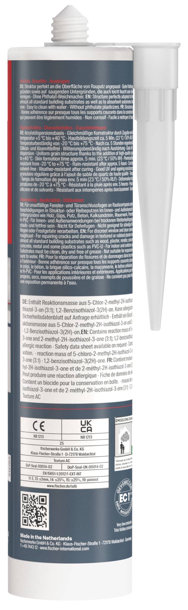 Ein weißes Rohr aus Klebstoff oder Dichtmittel mit einer spitzen Düse, bedeckt mit umfangreichen Produktanweisungen und Warnhinweisen auf dem Etikett.
