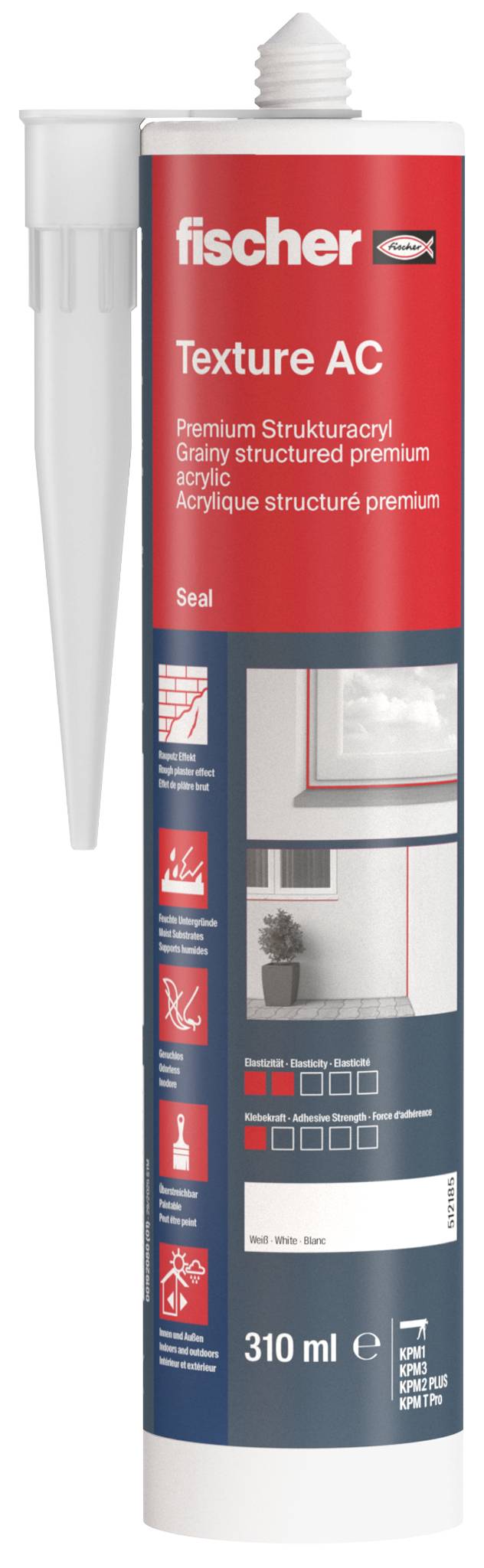 Eine rot-weiße Fischer Texture AC Dichtmasse-Kartusche, 310 ml, mit spitzer Applikator-Düse und Produktetikett für hochwertiges strukturelles Acryl-Dichtmittel.