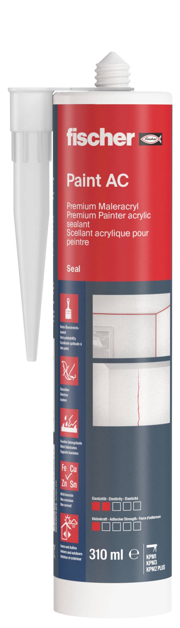 Fischer Paint AC Dichtmittel-Kartusche, 310 ml, mit rotem und grauem Etikett und Düsenspitze, dargestellt als Produktverpackung für hochwertiges Maler-Acryl-Dichtmittel.