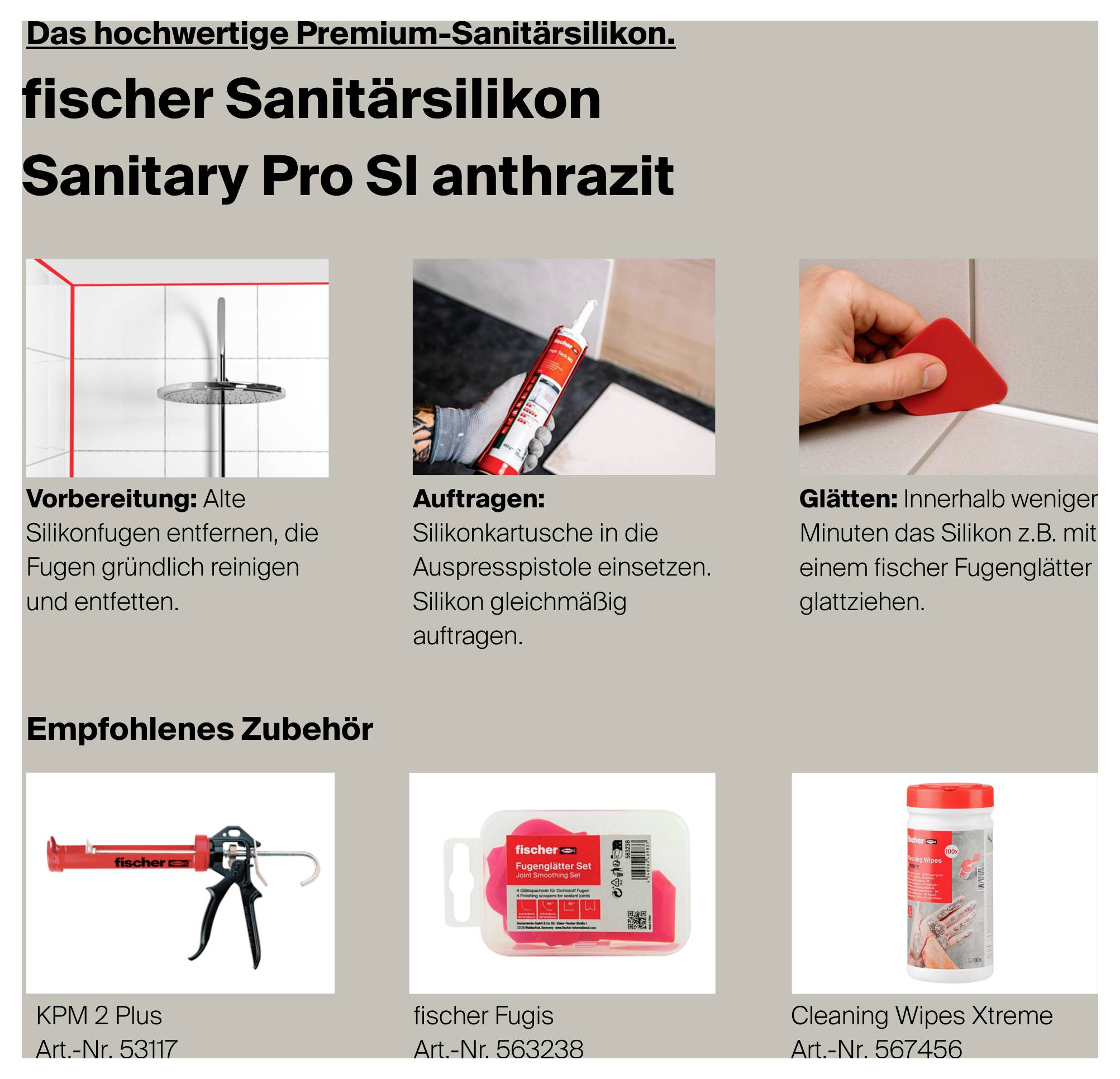 Infografik zu fischer Sanitärsilikon: Vorbereitung, Auftragen und Glätten des Silikons sowie empfohlenes Zubehör wie Kartuschenpistole, Fugis und Reinigungstücher.