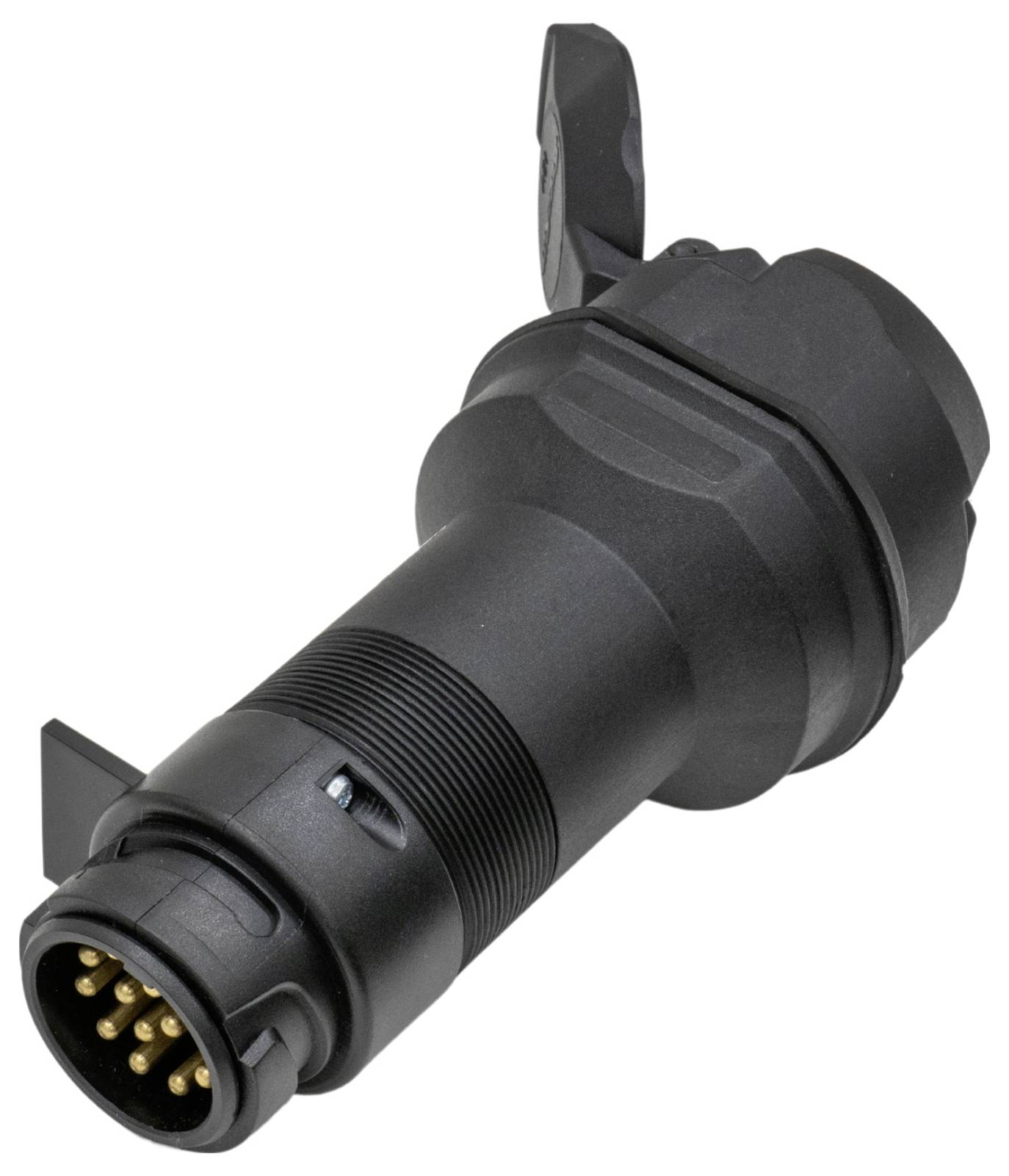 Ein schwarzer, zylinderförmiger, industrieller Stecker mit mehreren goldenen Kontaktstiften und zwei seitlichen Griffen.