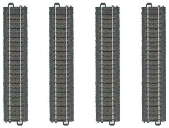 Vier gerade Modelleisenbahnstücke vertikal angeordnet, gleichmäßig voneinander entfernt. Jedes Gleis hat Holzschwellen und metallische Schienen.