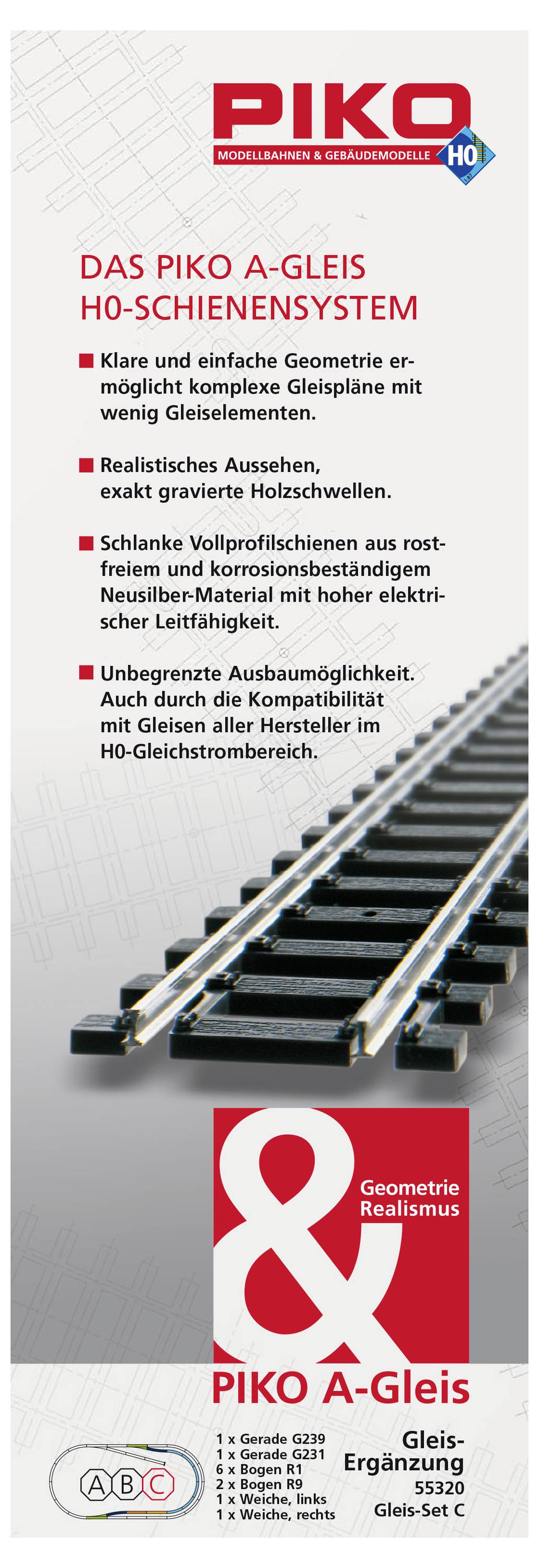 'PIKO A-Gleis H0-Schienensystem Werbung: Klar definierte Gleisausführung, rostfreies Material, hohe elektrische Leitfähigkeit, kompatibel mit anderen H0-Gleisen.'