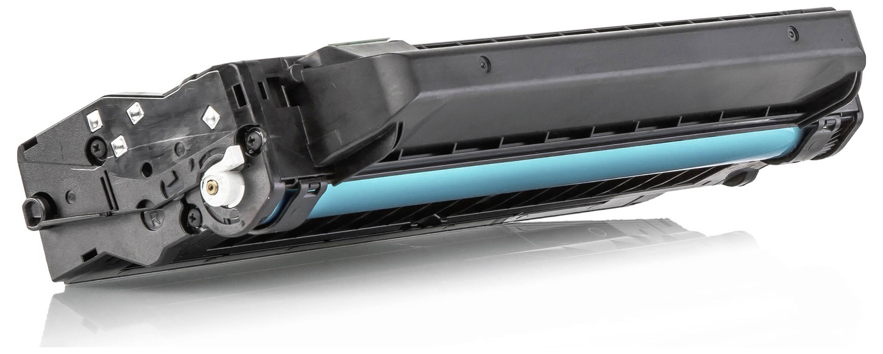 Schwarze Druckertonerkartusche mit cyan Trommelrolle auf weißem Hintergrund gezeigt.