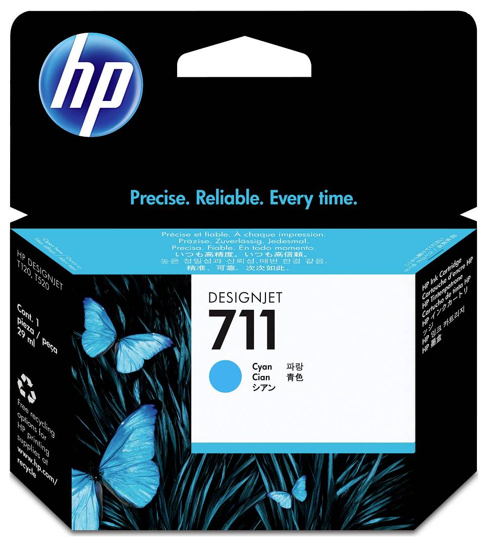 HP-DesignJet-711-Tintenpatrone in Cyan mit HP-Logo, Produktbezeichnung und blauer Schmetterlingsgrafik auf der Verpackung