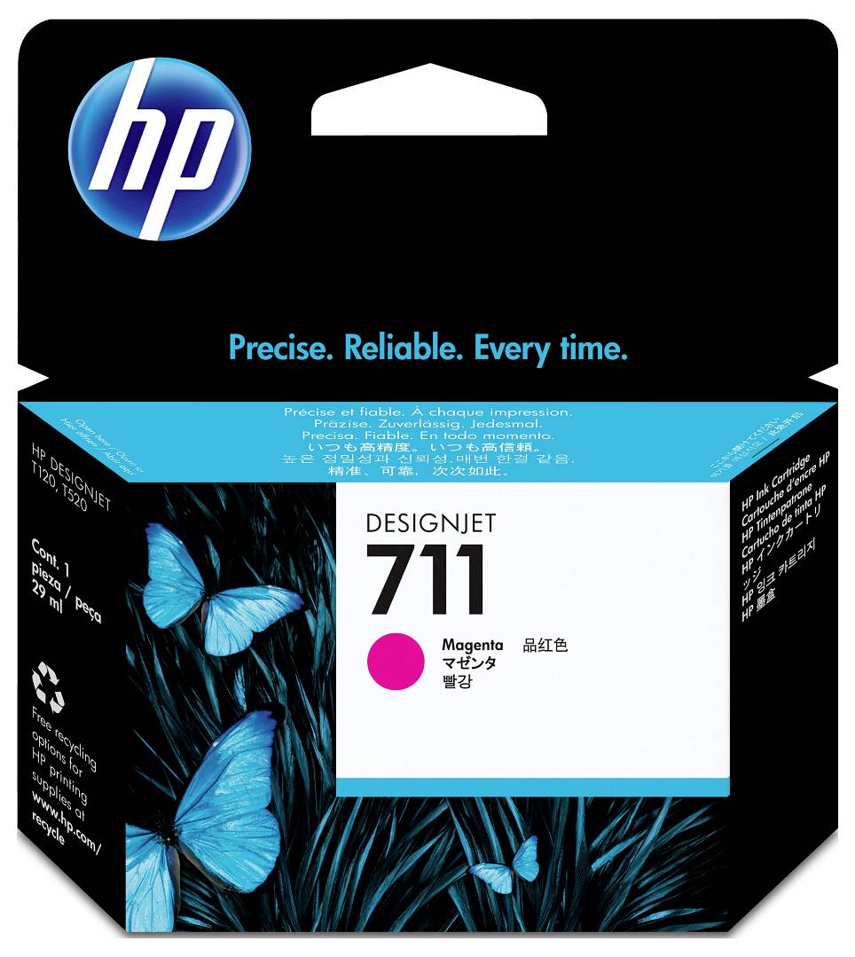 HP DesignJet 711 Magenta-Tintenpatrone, Verpackung mit HP-Logo und Schmetterlingsmotiv.