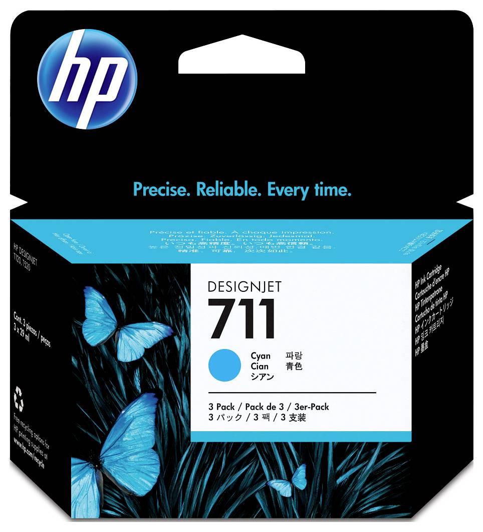 HP DesignJet 711 Cyan-Tintenpatrone im 3er-Pack, Verpackung mit blauem Schmetterlingsmotiv und dem Slogan „Precise. Reliable. Every time.“