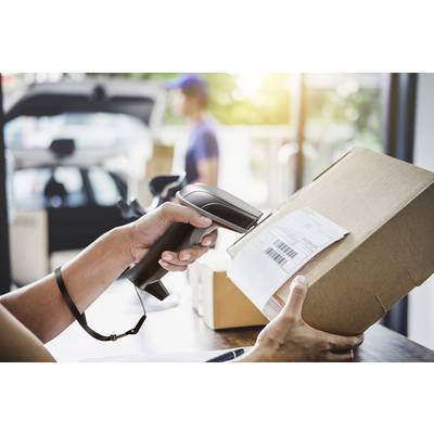Eine Person scannt ein Paket mit einem Barcode-Scanner. Im Hintergrund ist unscharf eine zweite Person und ein Auto zu sehen.